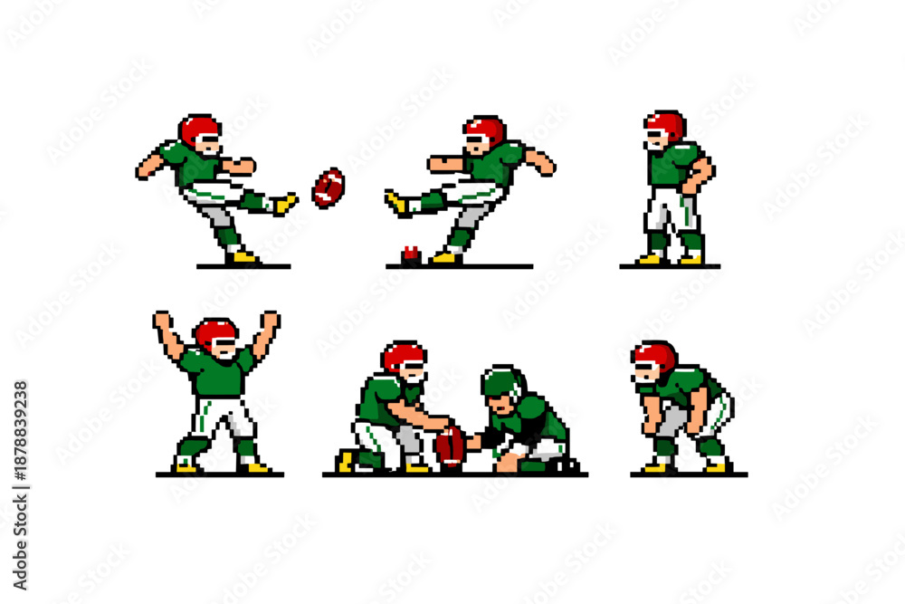 Fototapeta premium Pixel art American football kicker sprite sheet with six poses