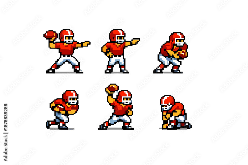Fototapeta premium Pixel art American football quarterback with six action poses