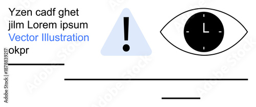 Time management, awareness, decision-making, caution, visual cues, design concepts. A warning triangle and eye with a clock vigilance and time awareness. Time management and awareness concept
