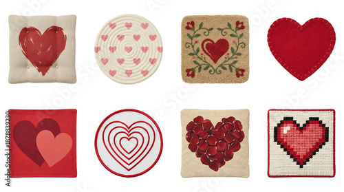Heart shape coasters set including knitted, felt, embroidered, and pixelated designs. Valentine's day home decor and craft collection.