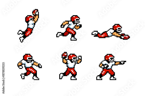 Pixel art American football player in 6 action poses
