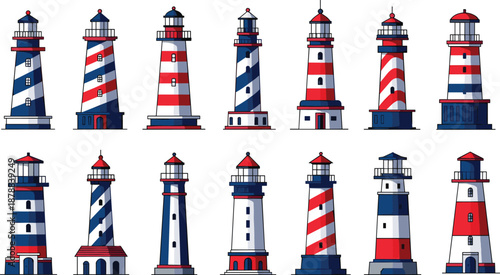 Colorful lighthouse illustration set with nautical red, white, and blue towers in flat vector style for maritime, coastal, travel, and navigation design projects