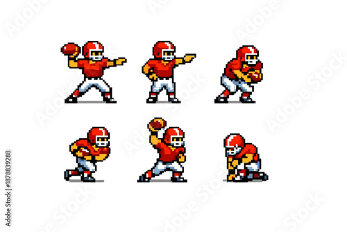 Pixel art American football quarterback with six action poses