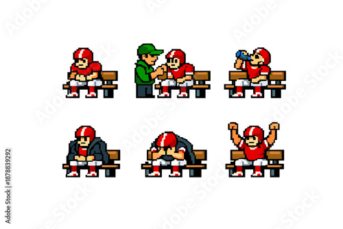 Pixel art American football player and coach on bench, six poses