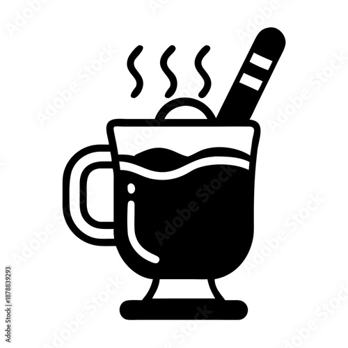 Steaming hot beverage in a clear mug with a stirrer, a comforting drink icon