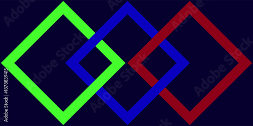 A 3D rendered repeating interlaced diamond pattern in red, blue and green