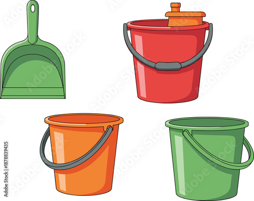 Colorful plastic cleaning buckets and dustpan illustration set, household sanitation tools isolated on white background, flat vector style