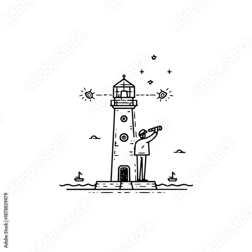 Lighthouse beacon vector illustration with man telescope sea stars navigation line art black and white drawing