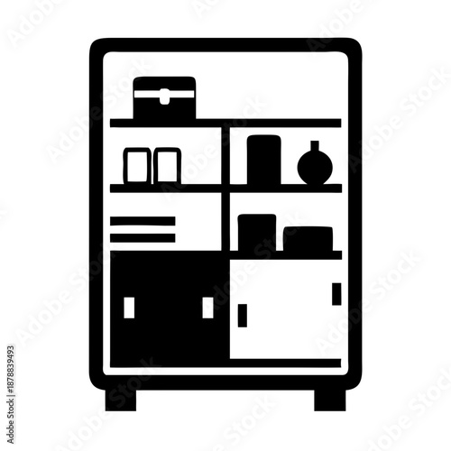 Minimalist black and white icon illustrating a stylish storage cabinet with shelves and various items