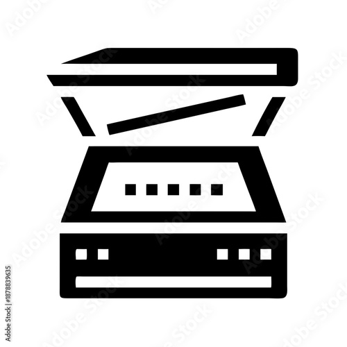 A scanner device with the top lid open, ready for document digitization, represented as a simple glyph icon