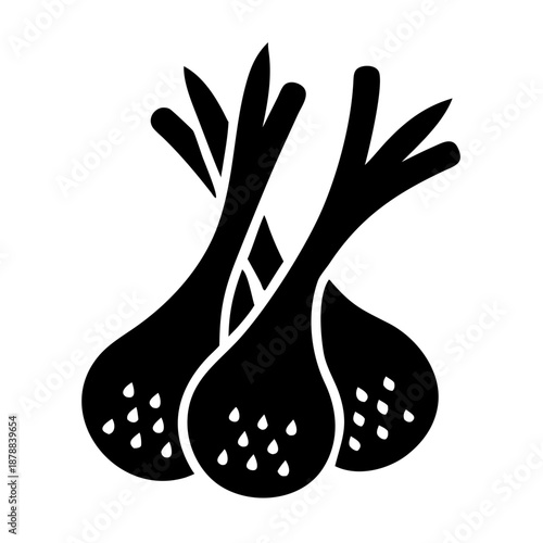 Black silhouette icon of three fresh garlic cloves with sprouts on a white background