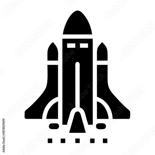 Black glyph of a space shuttle launching, symbolizing innovation and space exploration