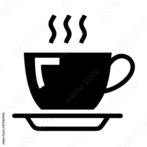 A simple black icon of a steaming hot beverage cup on a saucer, perfect for cafes
