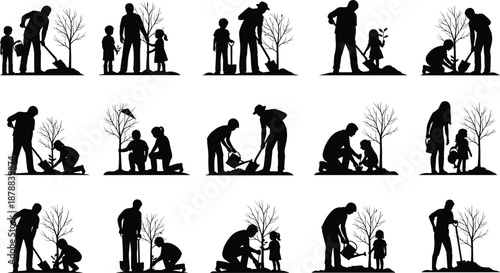 Family tree planting silhouettes set showing parents and children gardening together, environmental conservation, nature care, reforestation concept, eco friendly activities in flat black vector style