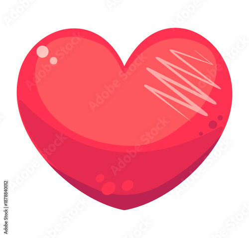 Bright red heart isolated on white background. Vector volumetric symbol of Valentine's Day. Juicy, healthy pink and scarlet colors. Romantic, stylish sticker for design