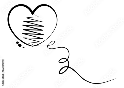 Heart stitched with black thread. Symbolizing emotional wounds, sadness, jealousy, betrayal. Vector outline drawing isolated on background with space for copying. Simple tattoo in flat style.