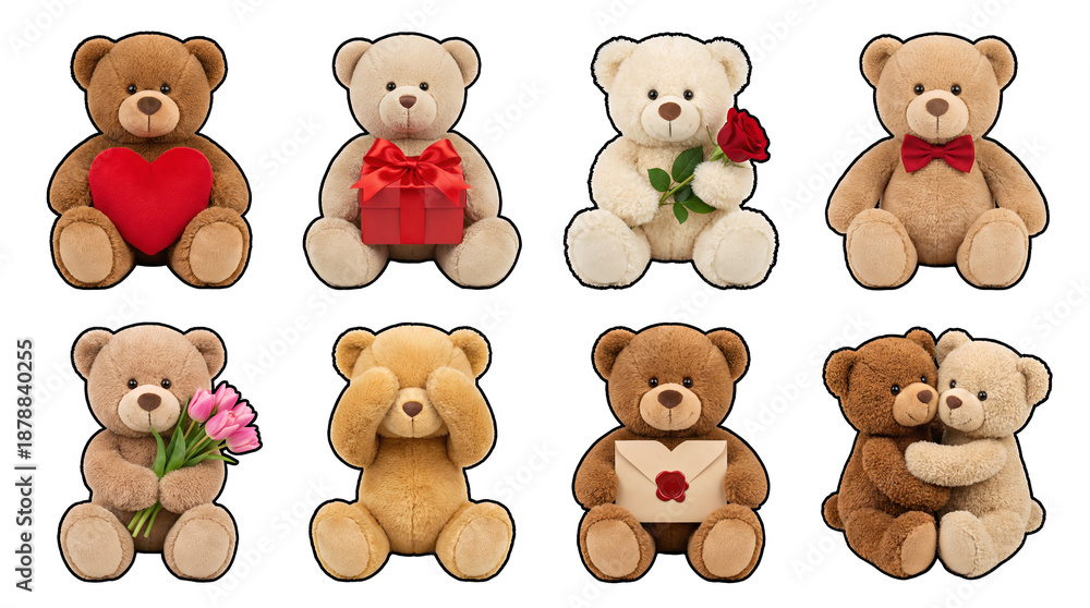 Obraz premium Valentine teddy bear set including heart, gift box, rose, bowtie, tulips, and letter variants isolated. Cute plush toy character collection for holiday greetings.