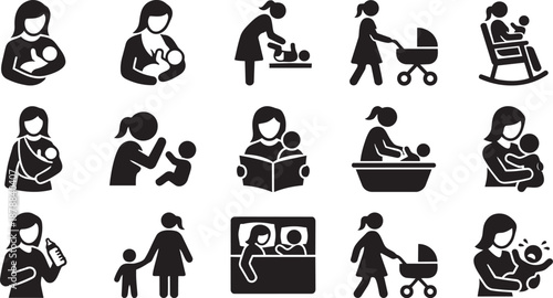 Collection of black and white vector icons representing various parenting and childcare activities, such as feeding, carrying, and reading to a baby