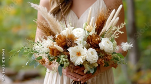 Bohemian rustic bouquet with wildflowers and pampas grass in natural loose arrangement