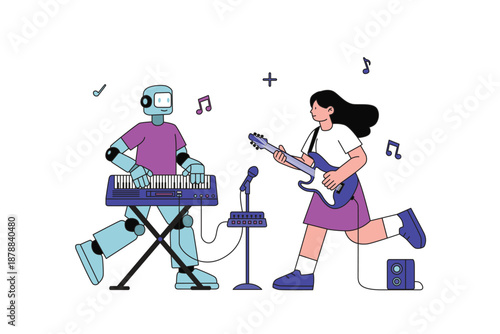 Human and Robot Playing Music Illustration
