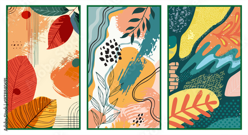 bstract botanical wall art set. Modern tropical leaves with colorful brush strokes and textures. Aesthetic minimalist vector for home decor.