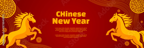 Chinese New Year celebration banner with twin golden horses symmetrical design