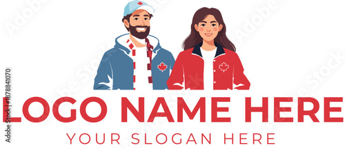Canadian podcast logo vector with illustrated man and woman in maple leaf jackets for cultural or media branding