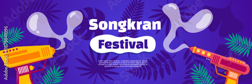 Songkran Festival purple banner with water guns tropical leaves