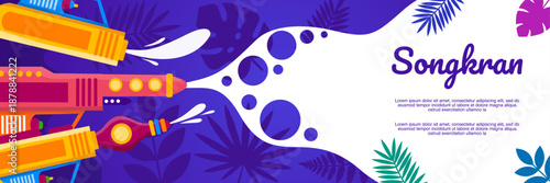 Songkran banner with water gun splash purple tropical design