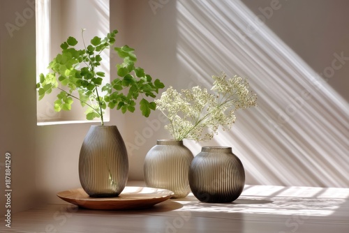 Muted taupe ribbed glass vases with minimal greenery styled in modern neutral interior