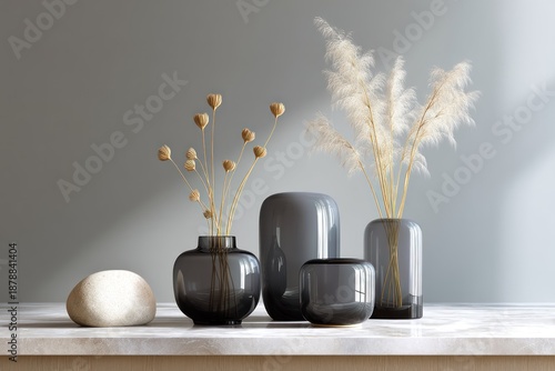Set of smoky gray glass vases on marble surface with minimalist modern interior styling