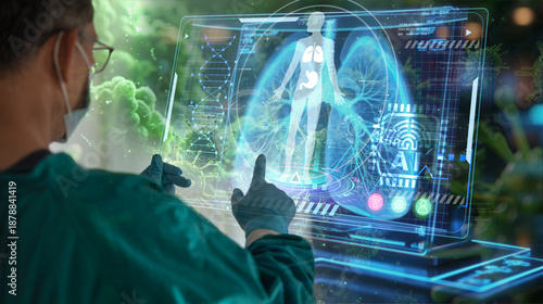 Doctor using futuristic medical interface with digital X-ray and patient scan data on holographic screen in hospital, healthcare technology and diagnosis concept.