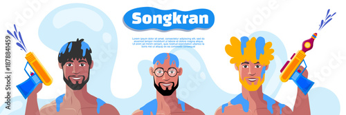 Songkran banner with diverse men celebrating water festival together smiling