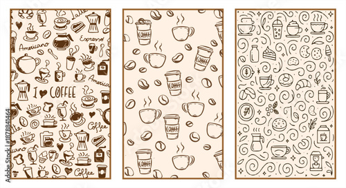 Set of 3 coffee doodle posters with hand-drawn cups, beans, and icons in vintage brown line art. Ideal for cafe menus and restaurant wall decor.