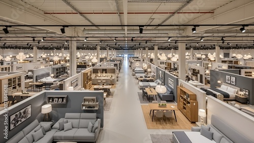 huge furniture shop interior with furniture, neutral colors. horizontal composition. lamp lights. front view, a lot of furniture. photorealistic, MODERN furniture