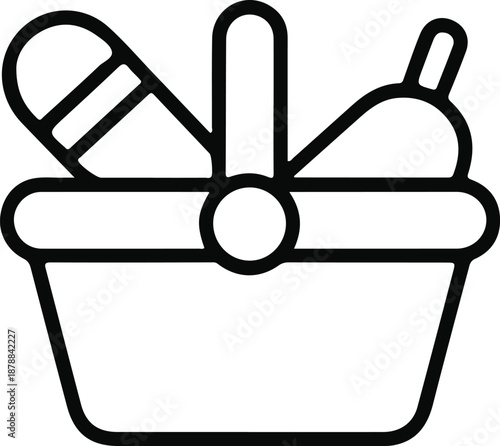 Picnic basket icon with food items, Simple black line icon showing a picnic basket filled with food, suitable for concepts of outdoor dining, leisure, and summer activities.

