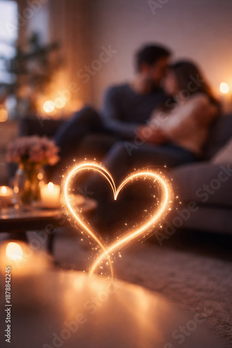 Couple embracing and sharing a romantic moment in cozy living room, Concept of Modern Love Stories with Subtle Valentine’s Day Symbols in Urban Life
