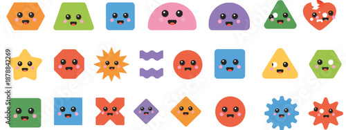 Cute geometric shape characters vector set, fun cartoon characters made from shapes in bright colors, colorful abstract faces for kids learning, educational illustrations