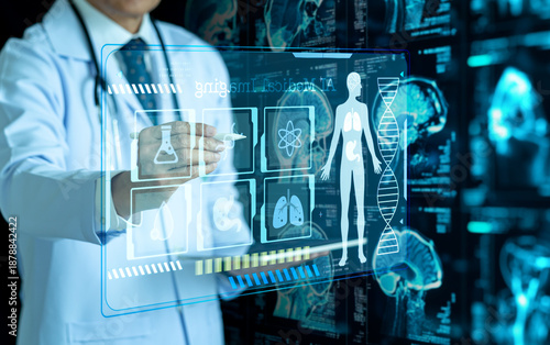 Doctor using futuristic medical interface with digital X-ray and patient scan data on holographic screen in hospital, healthcare technology and diagnosis concept.