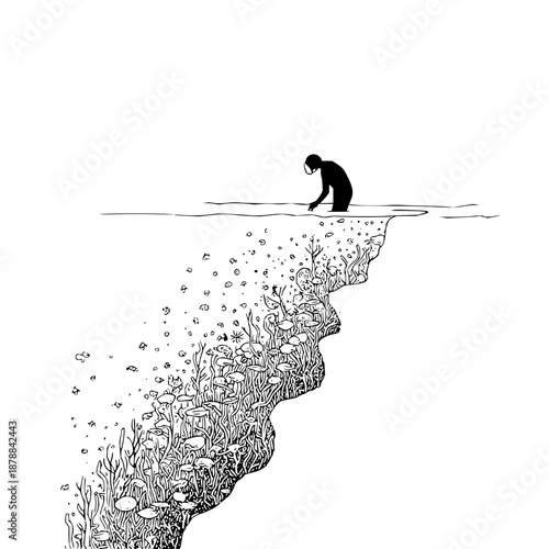 Underwater exploration drawing of marine life and diver in black and white ink illustration art design