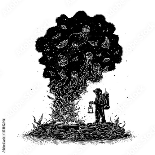 Illustration of diver with lantern observing jellyfish in dark dreamscape fantasy drawing art monochrome design