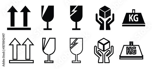 Set of Packaging and Handling Icons for Product Shipping Including Fragile, Recycle, Handle with Care, and Keep Dry Instructions with Standard Symbols in Vector Graphics. Vector illustration.