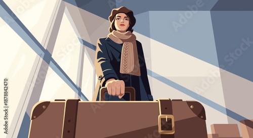A captivating vintage travel scene depicting a determined woman with her retro suitcase, standing poised for a new adventure in a sunlit transit hub, ready to embark on a memorable journey