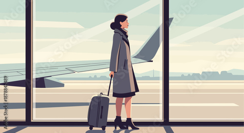 Vintage retro scene of a woman with a suitcase at the airport, looking out the window at a plane