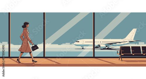 A captivating vintage airport scene, featuring a stylish woman walking with her luggage, embodying the golden age of travel in a retro illustration style