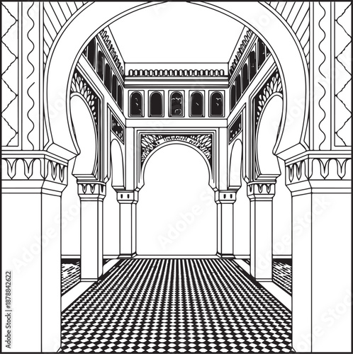 Architecture coloring page for kids and adults, black and white interior courtyard of a Moroccan riad sketch line art vector illustration