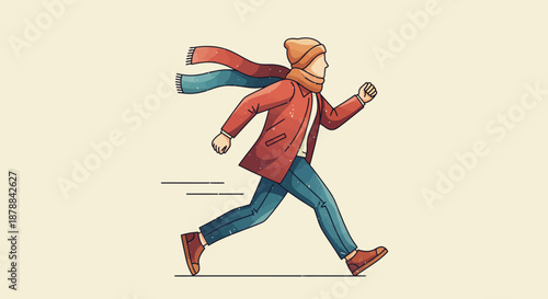 Dynamic Vintage Winter Scene A Stylish Retro Illustration of a Person Running in Cold Weather, Evoking a Sense of Urgency and Energy
