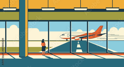 A Vintage Retro Scene at the Airport Passenger Watches a Plane on the Runway, Capturing a Nostalgic Travel Experience