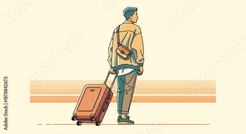 A Retro Vintage Scene Depicts a Person with a Suitcase at an Airport, Ready for Departure