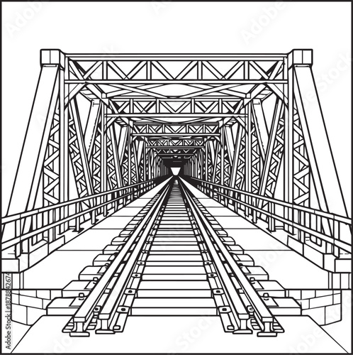 Architecture coloring page for kids and adults, black and white long steel railway bridge in perspective sketch line art vector illustration